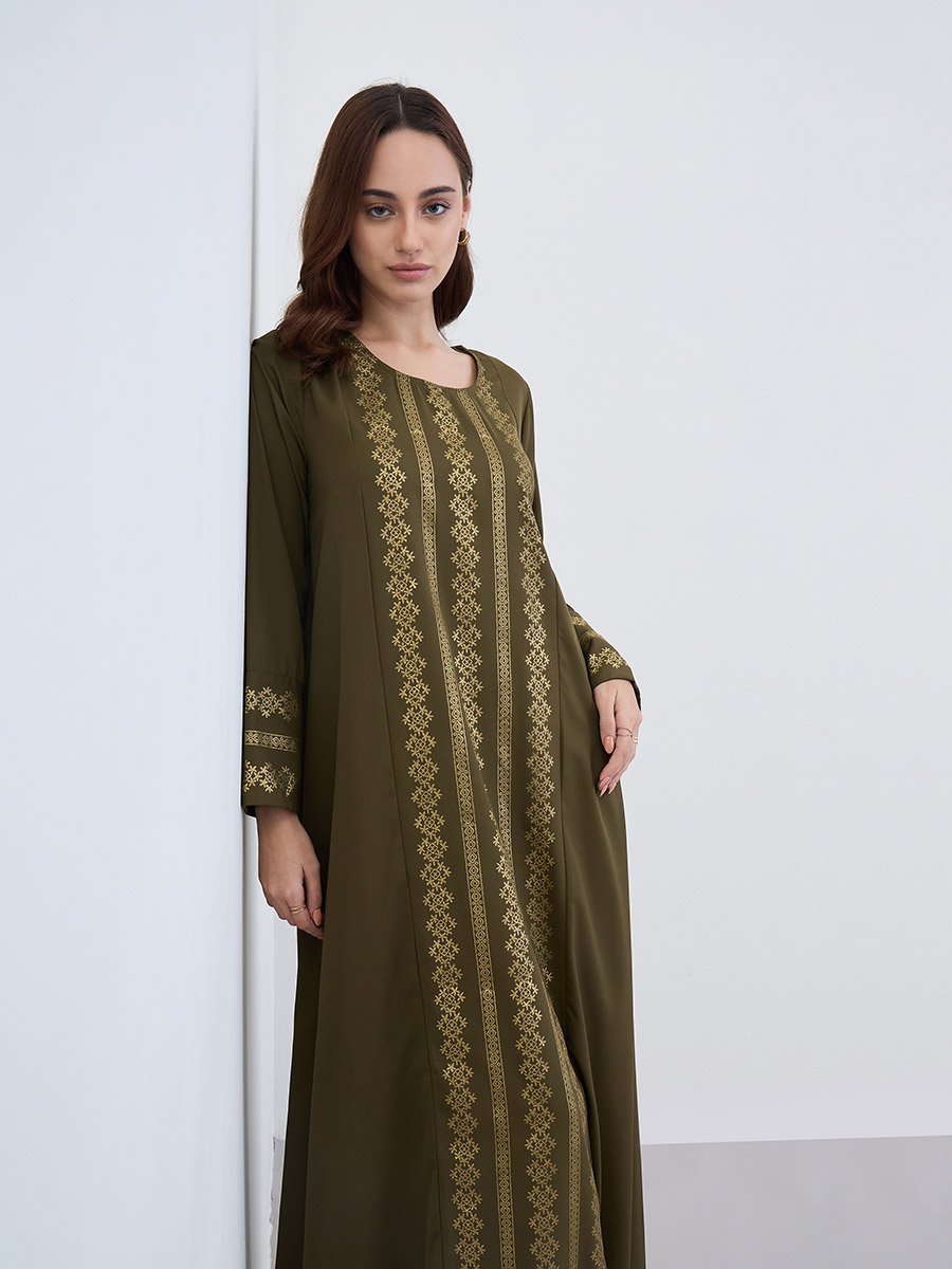 Women Olive Gold Foil Print Jalabiya