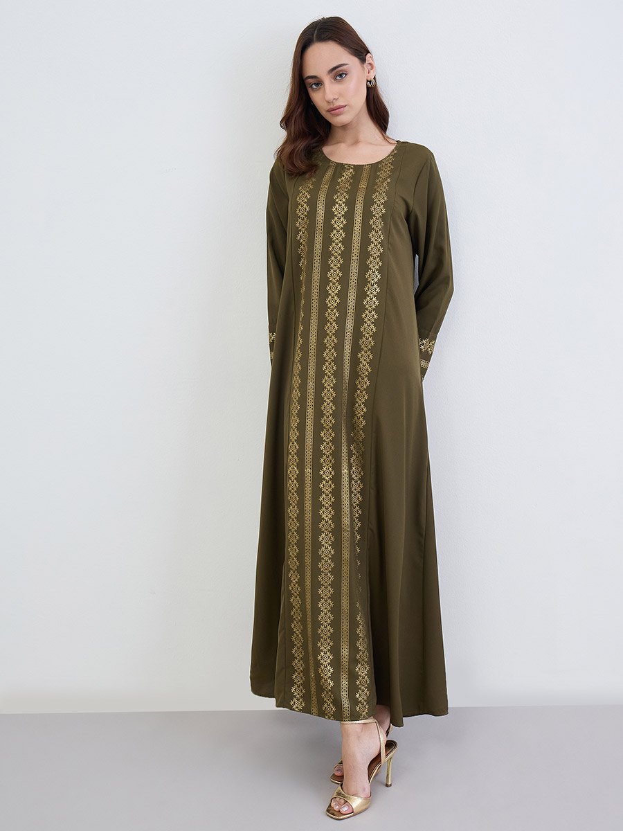 Women Olive Gold Foil Print Jalabiya