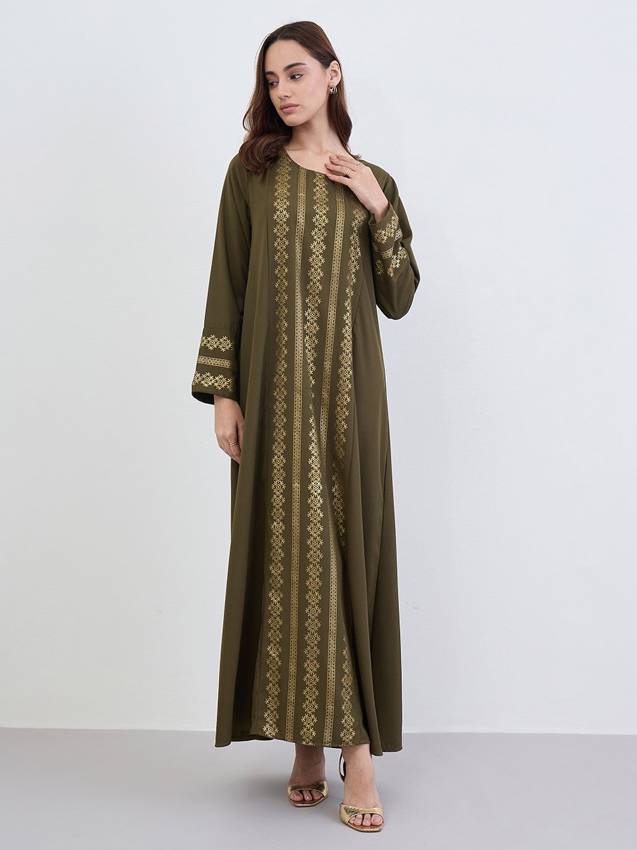 Women Olive Gold Foil Print Jalabiya