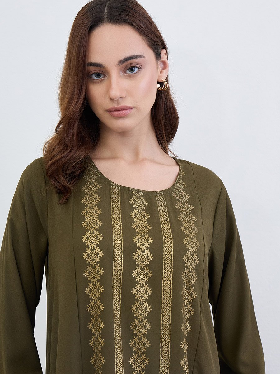 Women Olive Gold Foil Print Jalabiya