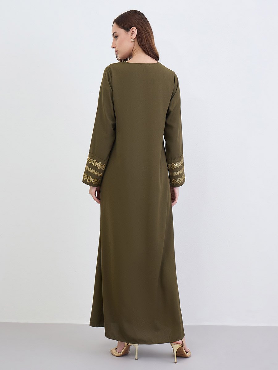 Women Olive Gold Foil Print Jalabiya