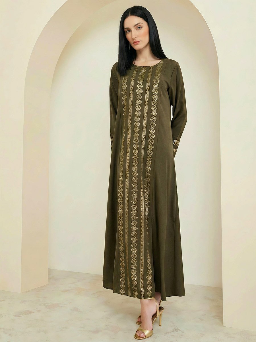 Women Olive Gold Foil Print Jalabiya