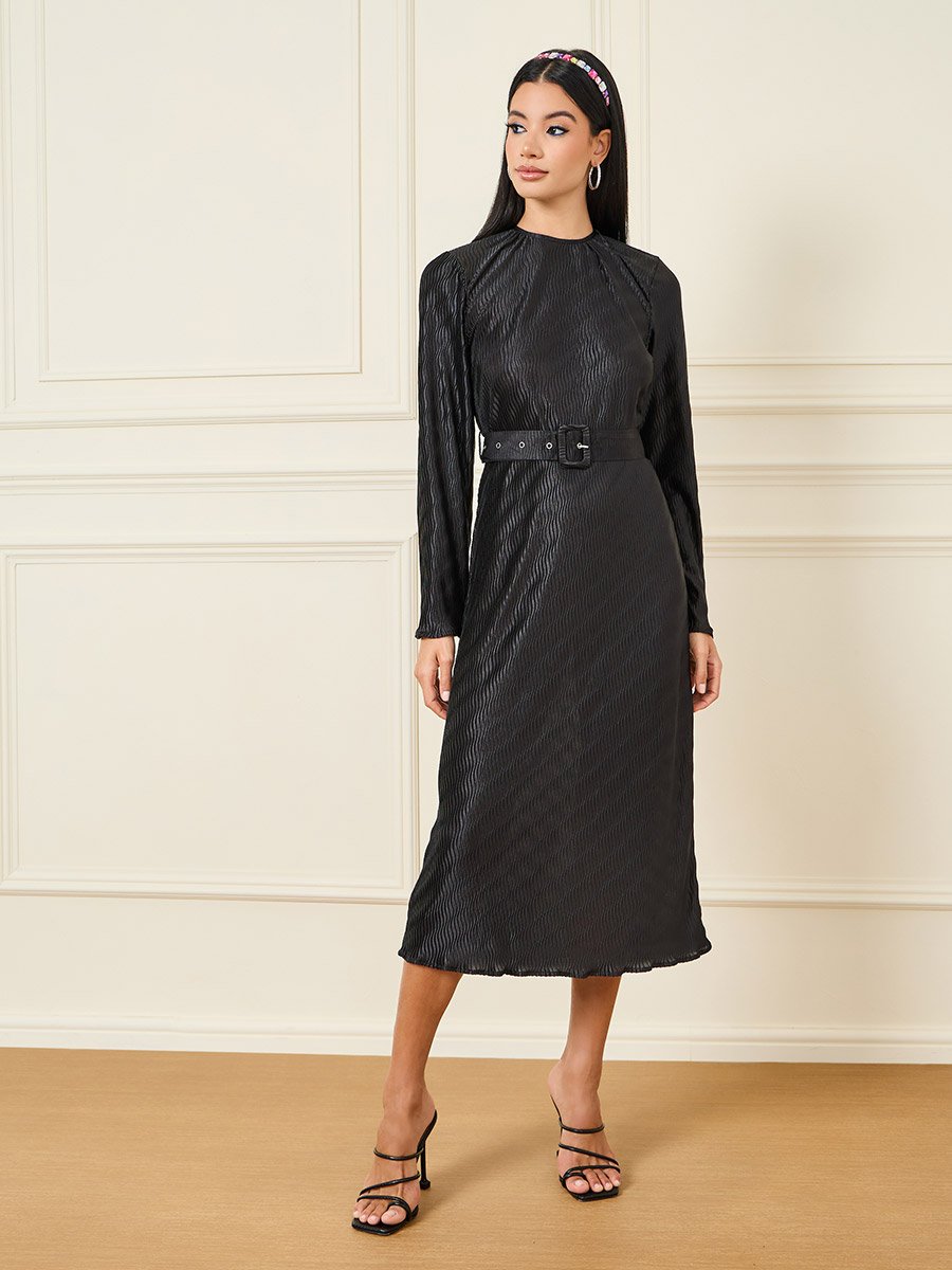 Flare Sleeve Belted Plisse A-Line Midi Dress For Women at Saudi | Styli