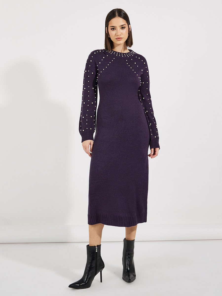 Faux Pearl Studded Knit Sweater Midi Dress