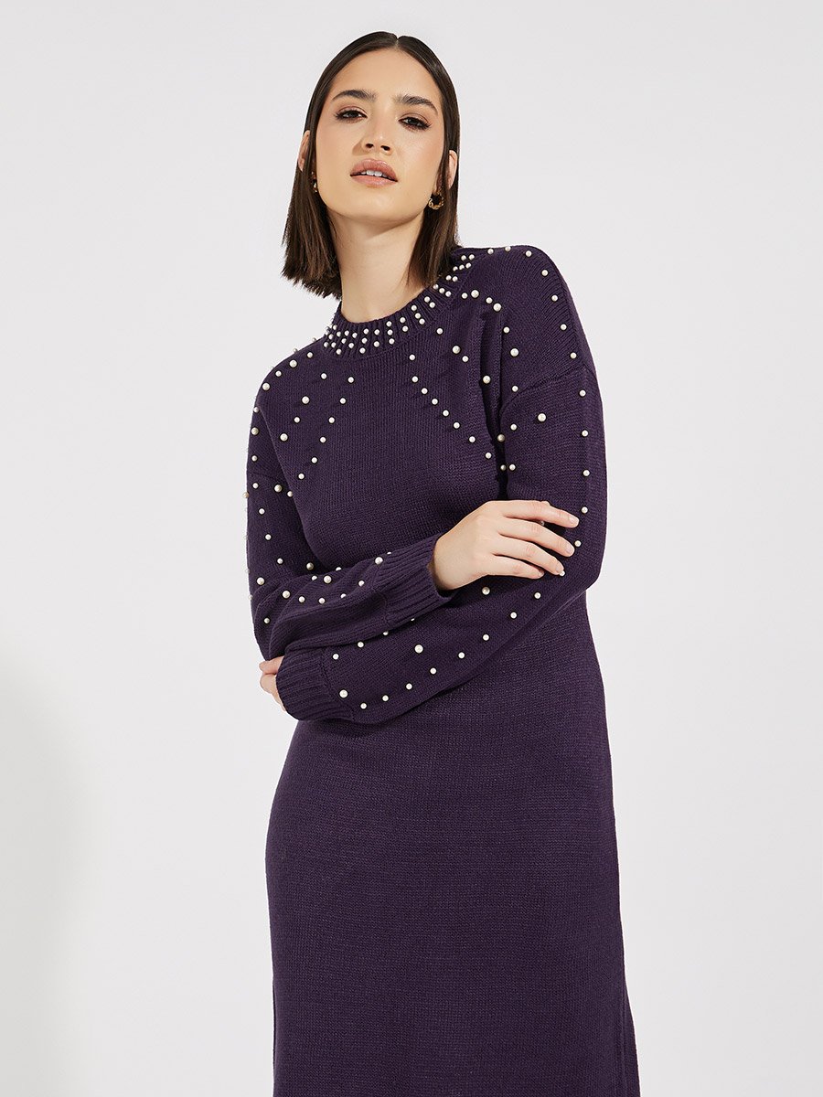 Faux Pearl Studded Knit Sweater Midi Dress