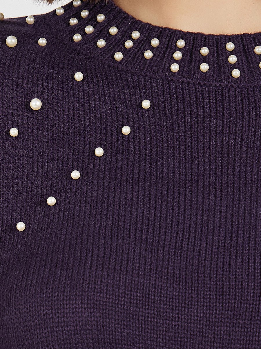 Faux Pearl Studded Knit Sweater Midi Dress