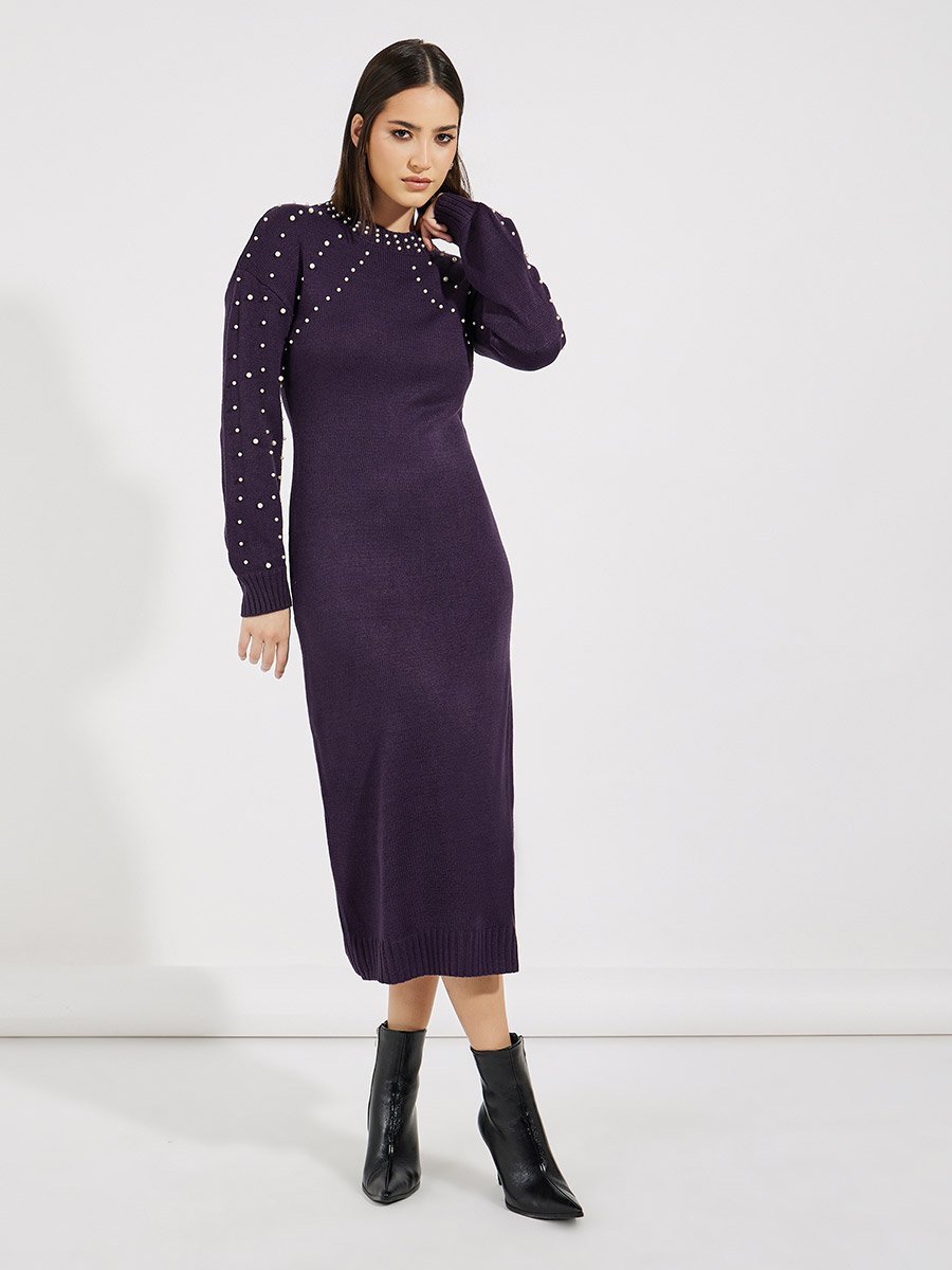 Faux Pearl Studded Knit Sweater Midi Dress
