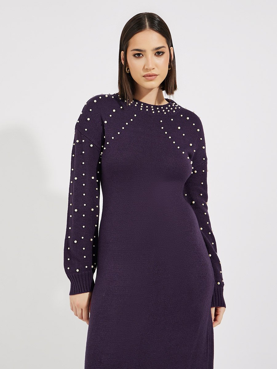 Faux Pearl Studded Knit Sweater Midi Dress