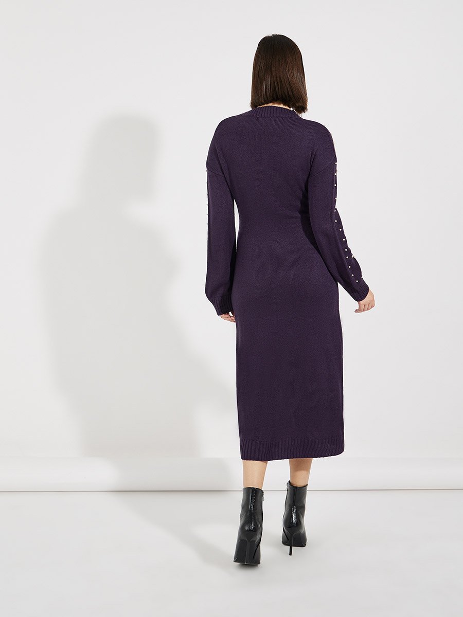 Faux Pearl Studded Knit Sweater Midi Dress