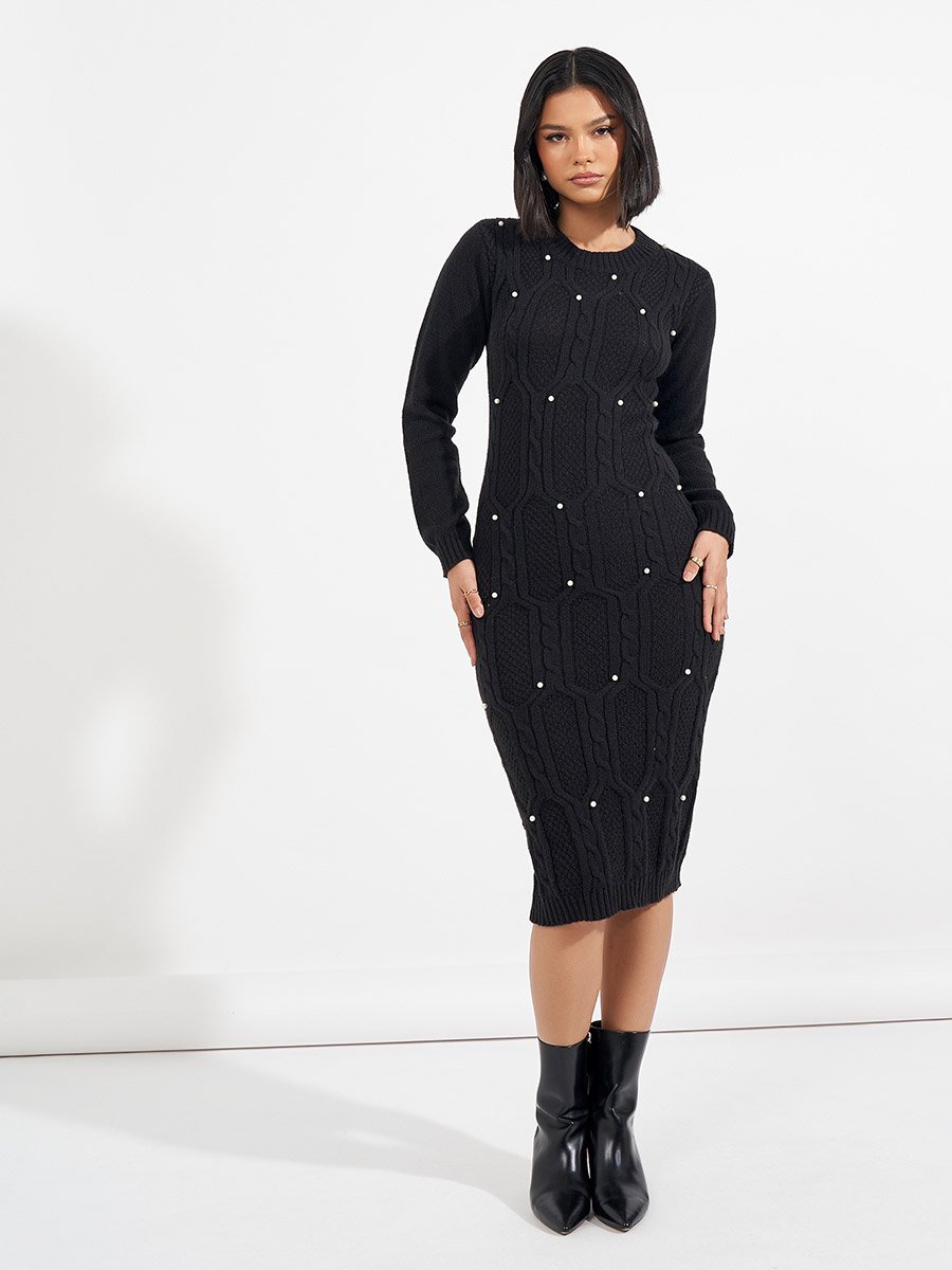Chunky Cable Knit Embellished Sweater Midi Dress