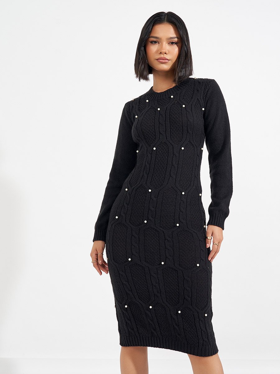 Chunky Cable Knit Embellished Sweater Midi Dress