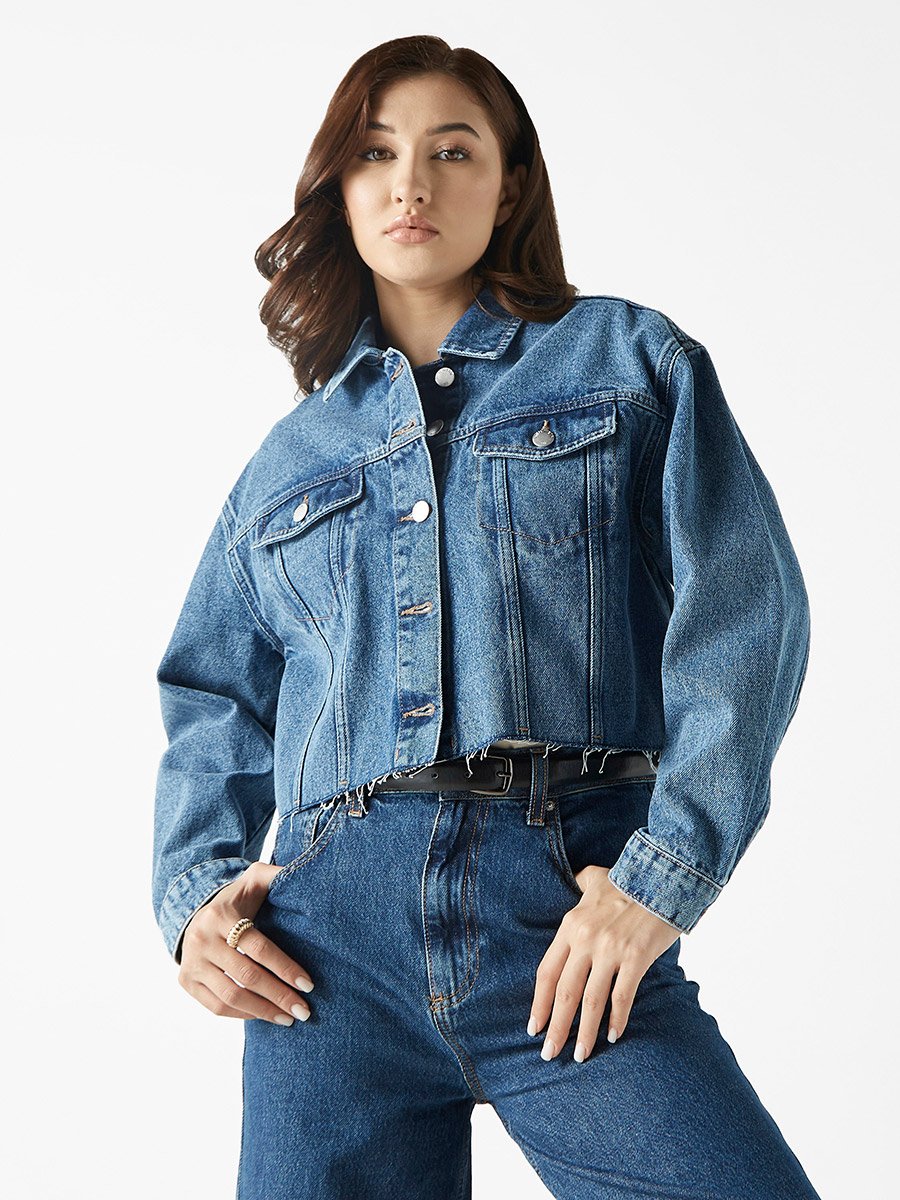 Raw Edge Denim Jacket with Flap Pocket For Women at Saudi | Styli