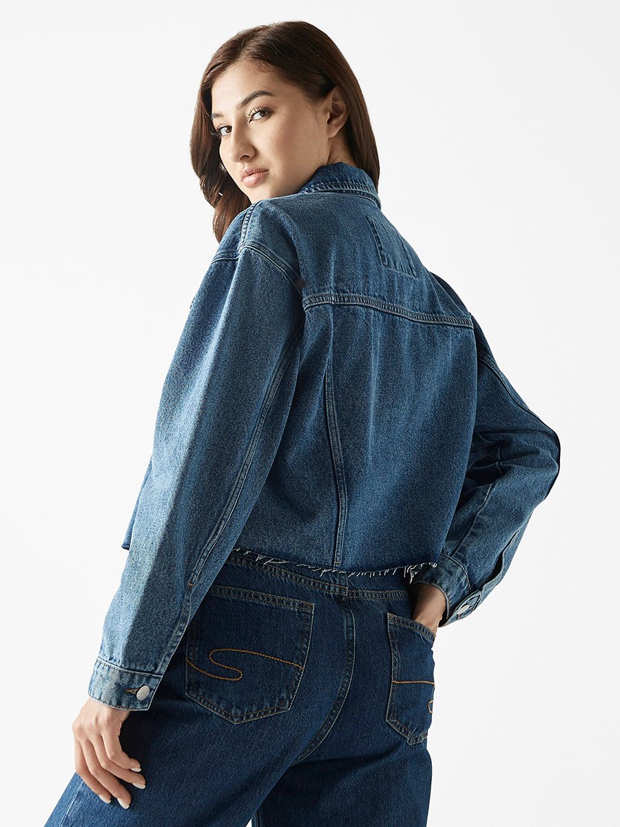 Raw Edge Denim Jacket with Flap Pocket For Women at Saudi | Styli
