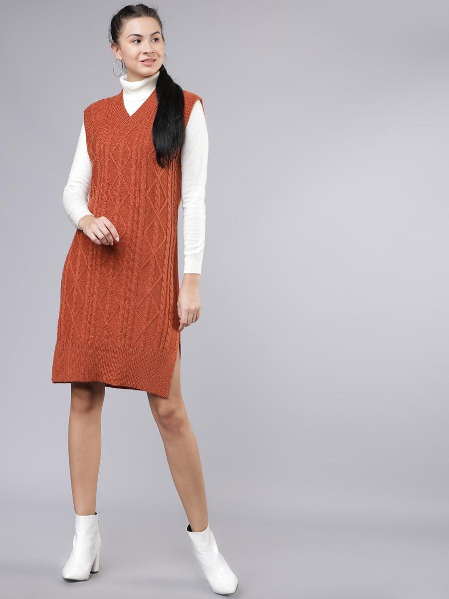 Sleeveless Cable Knit Sweater Knee Length Dress For Women at Saudi | Styli