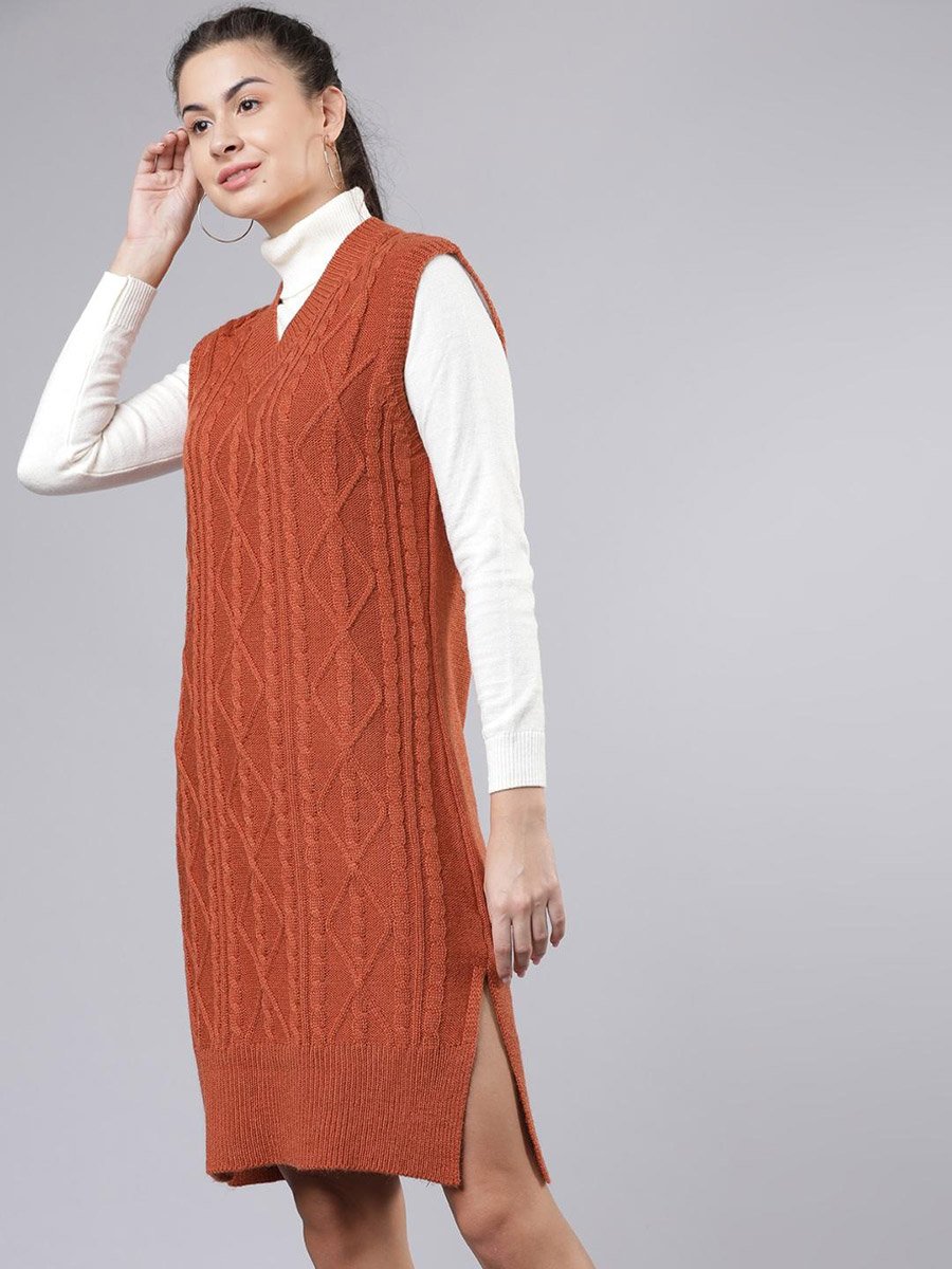 Sleeveless Cable Knit Sweater Knee Length Dress