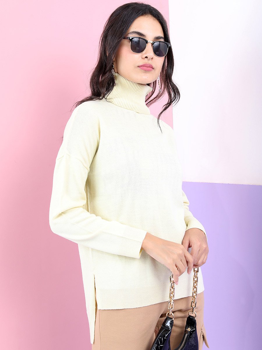Solid Turtle Neck Sweater With High Low Hem For Women at Saudi | Styli