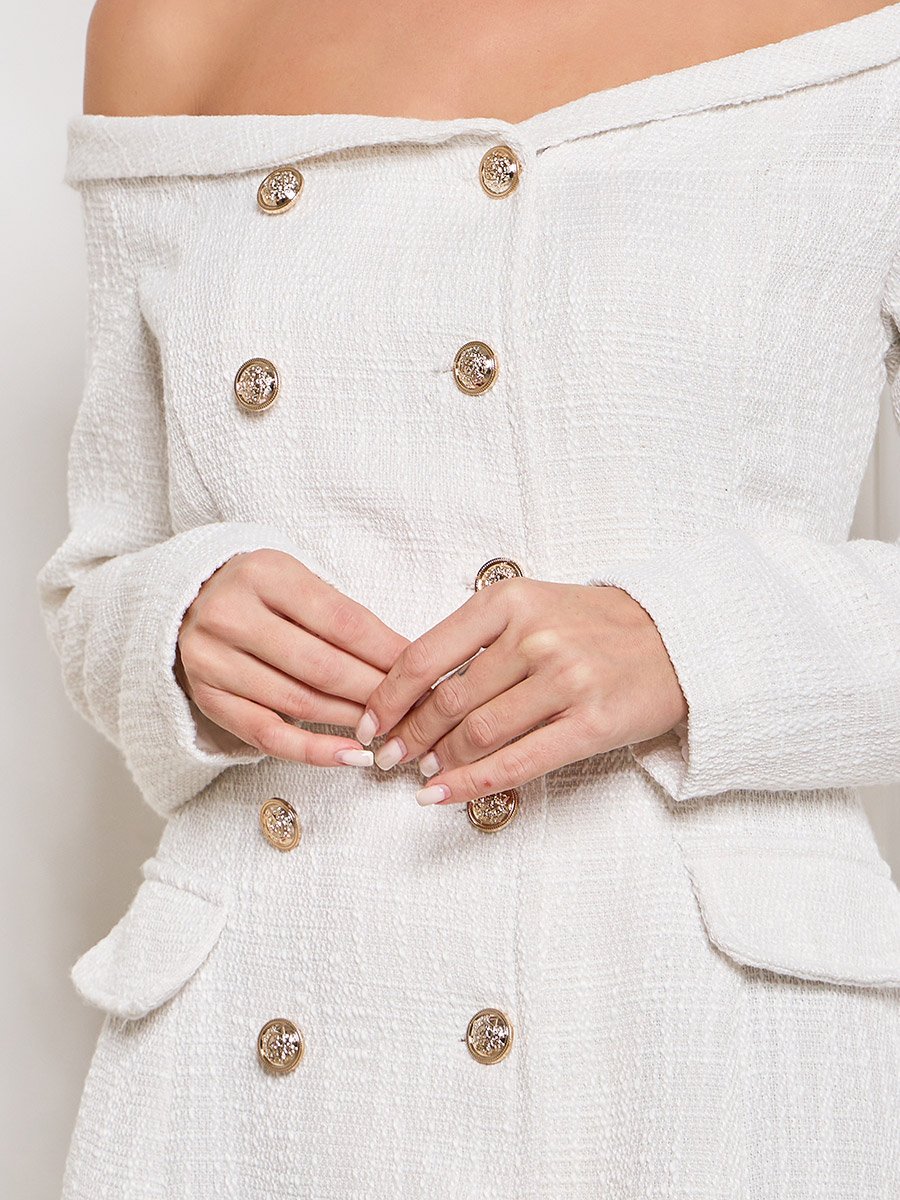 Off Shoulder Fit and Flare Tweed Midi Dress with Buttons For Women at  Kuwait | Styli
