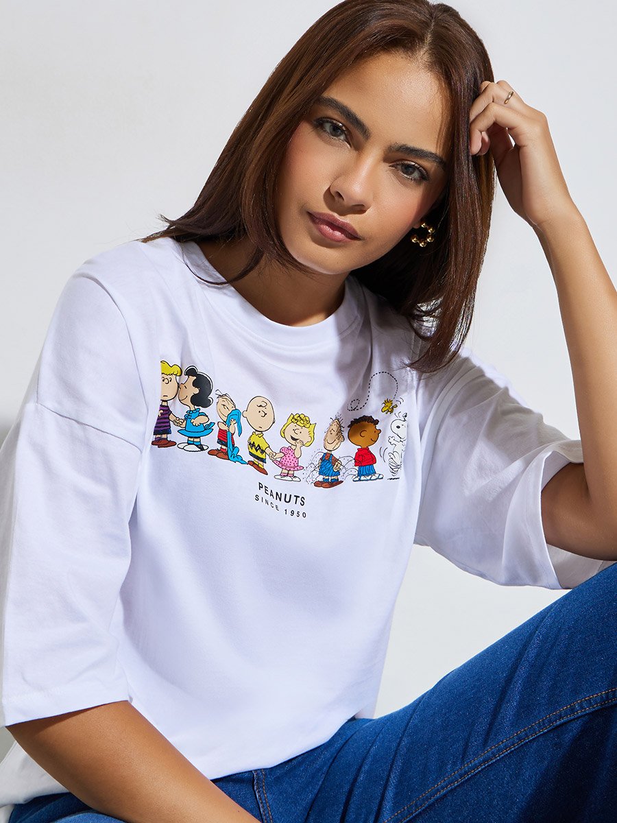 Oversized Peanuts Graphic Print 100% Cotton T-Shirt