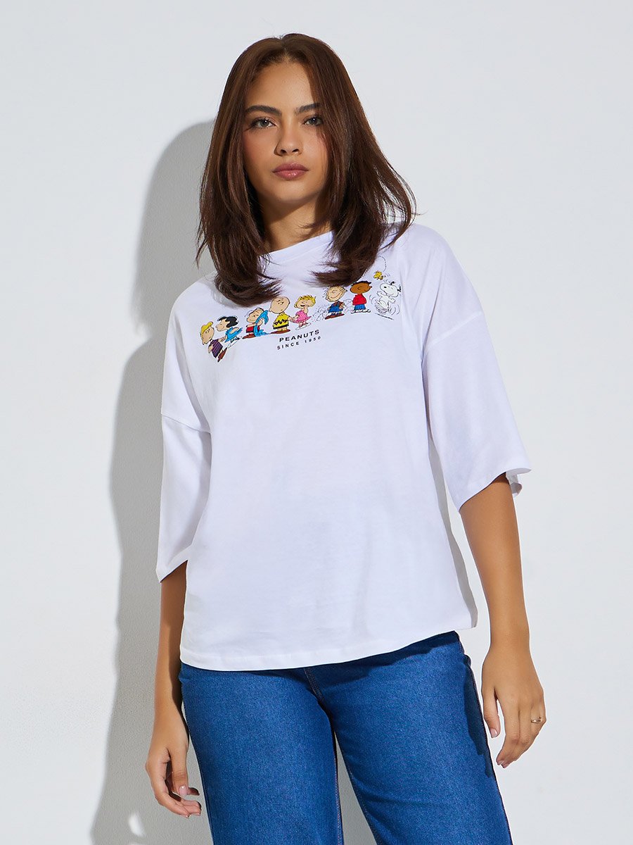 Oversized Peanuts Graphic Print 100% Cotton T-Shirt