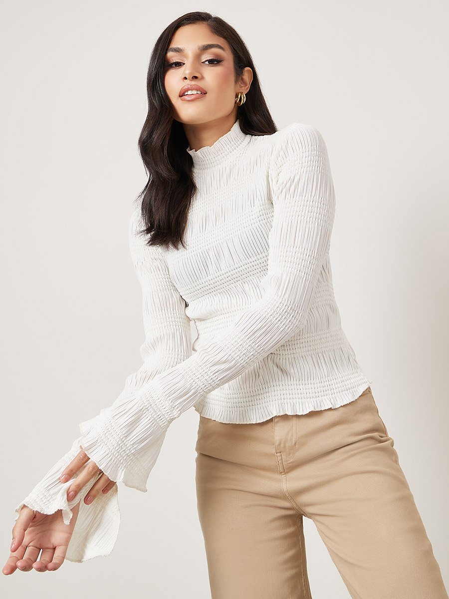 Textured High Neck Fitted Knit Top with Flute Sleeve