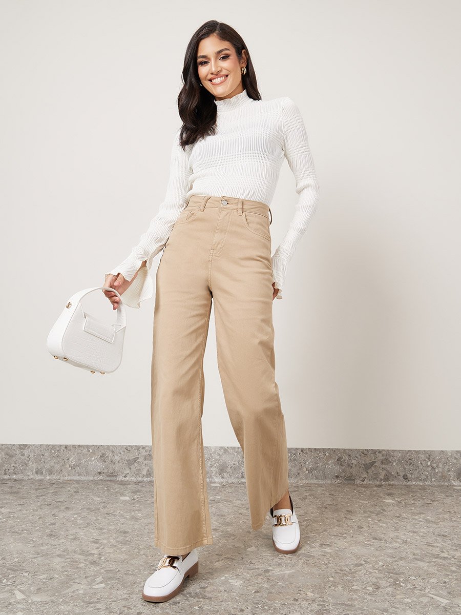 Textured High Neck Fitted Knit Top with Flute Sleeve