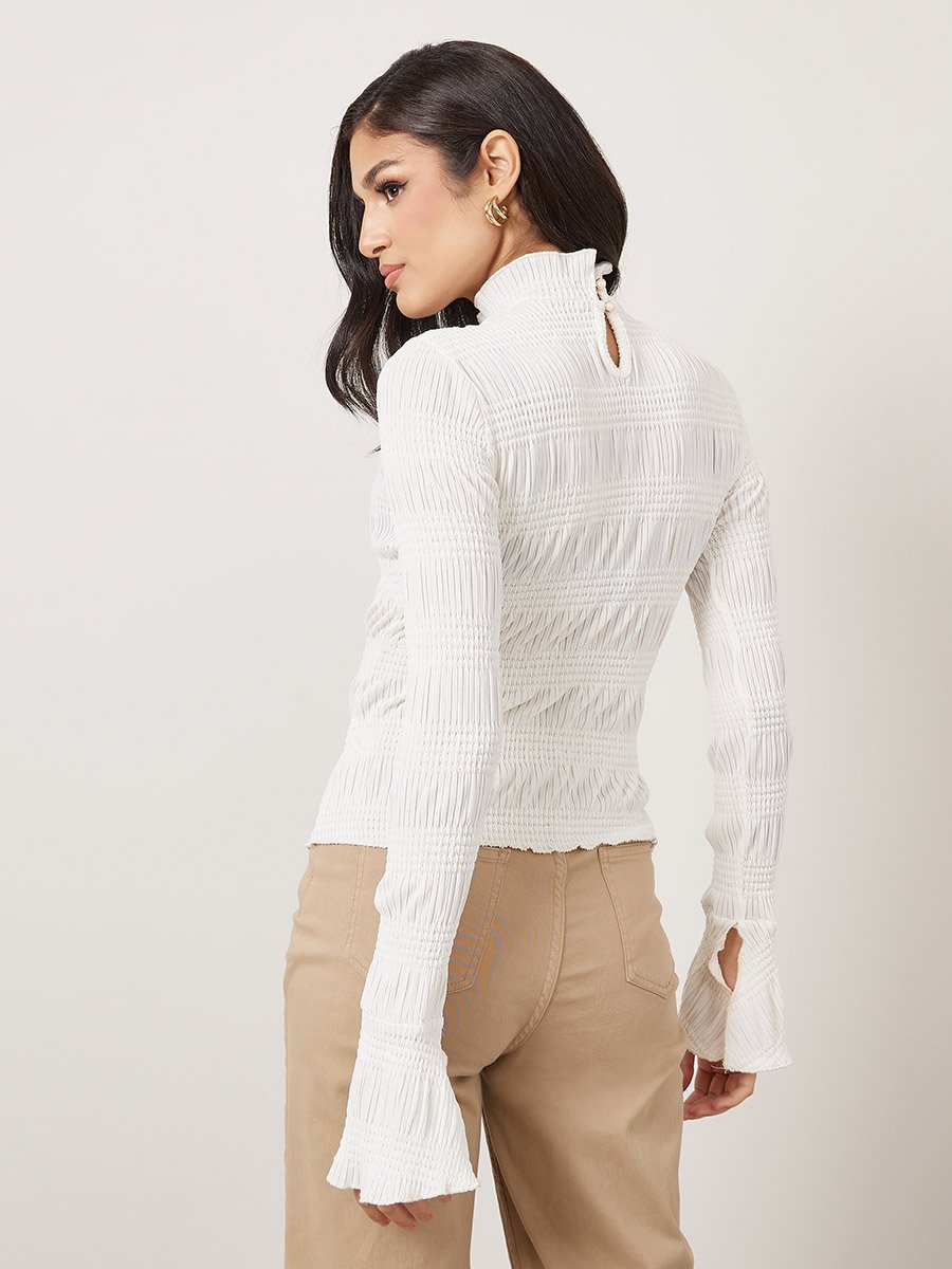 Textured High Neck Fitted Knit Top with Flute Sleeve