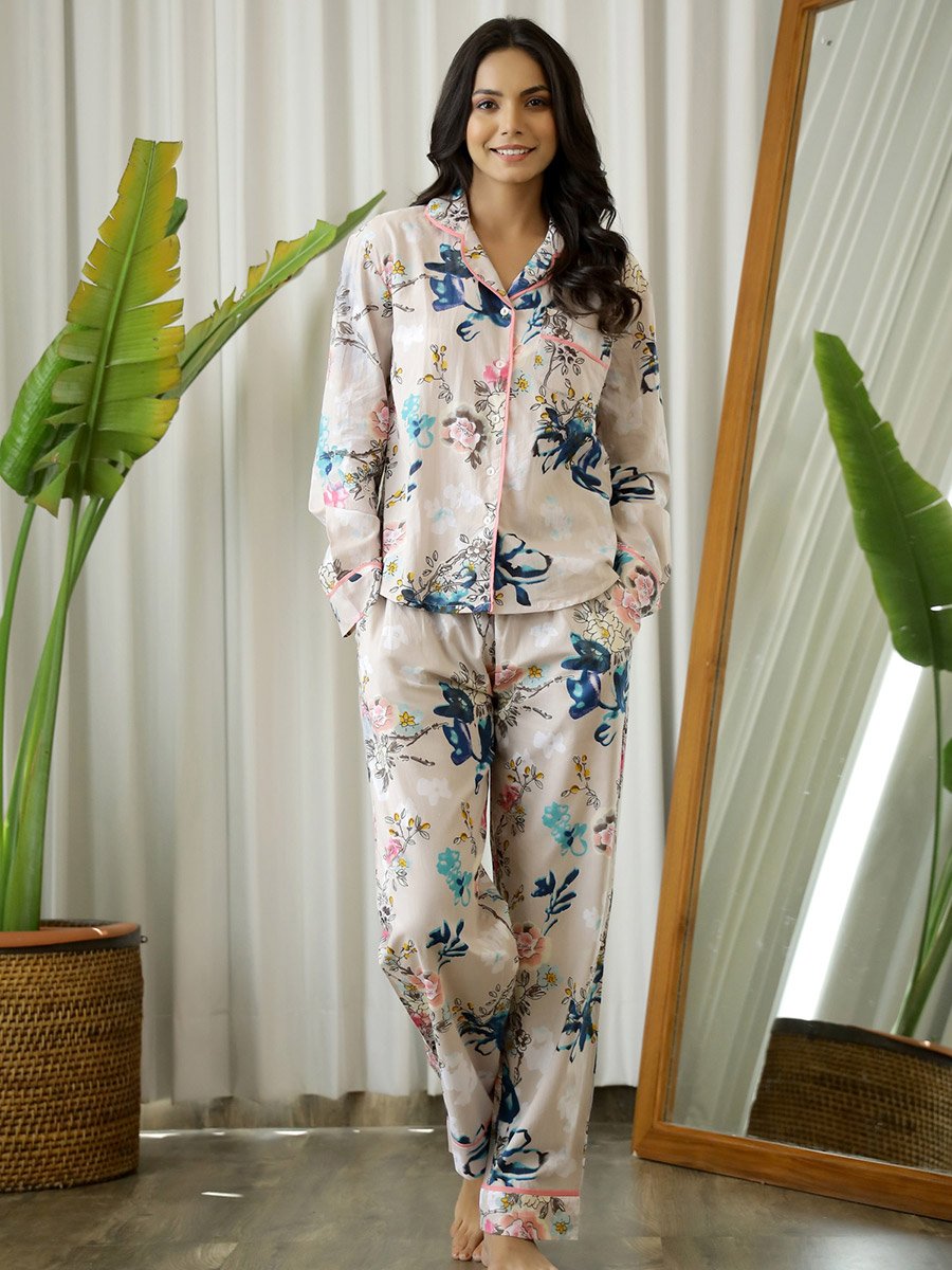 Floral Print Cotton Shirt and Pyjama Set