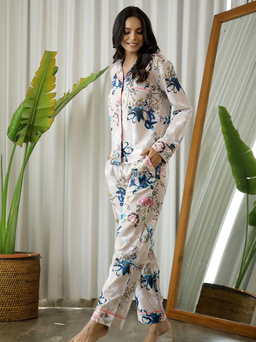 Floral Print Cotton Shirt and Pyjama Set