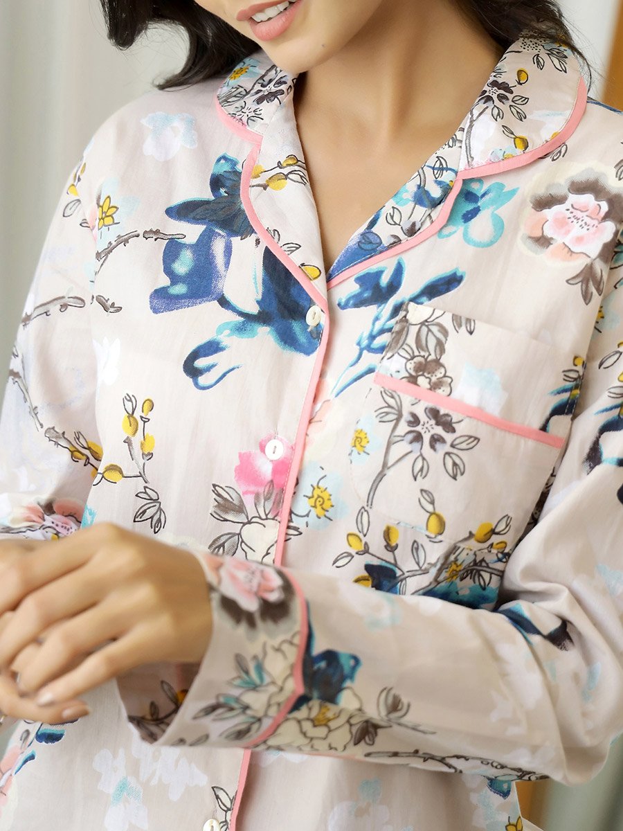 Floral Print Cotton Shirt and Pyjama Set