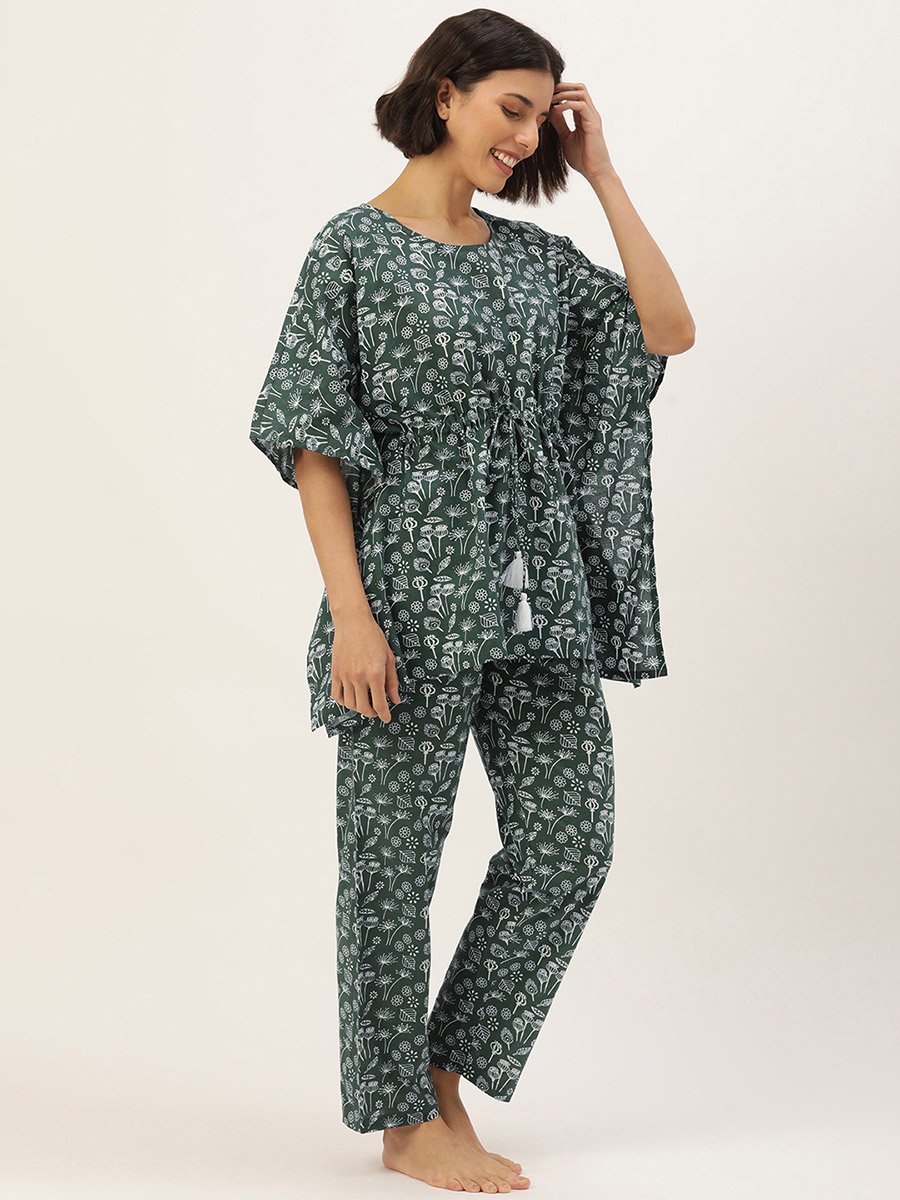 Floral Drawstring Waist Cotton Kaftan and Pyjama Set