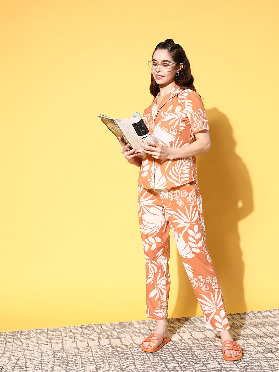 Tropical Print Short Sleeve Cotton Shirt and Pyjama Set