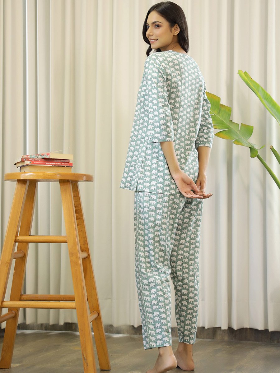 Elephant Print Cotton Shirt and Pyjama Set
