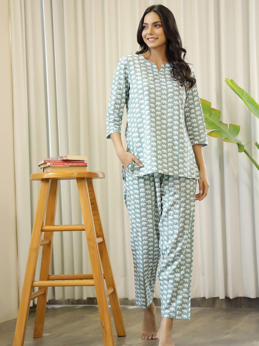 Elephant Print Cotton Shirt and Pyjama Set