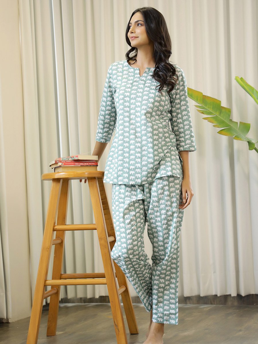 Elephant Print Cotton Shirt and Pyjama Set