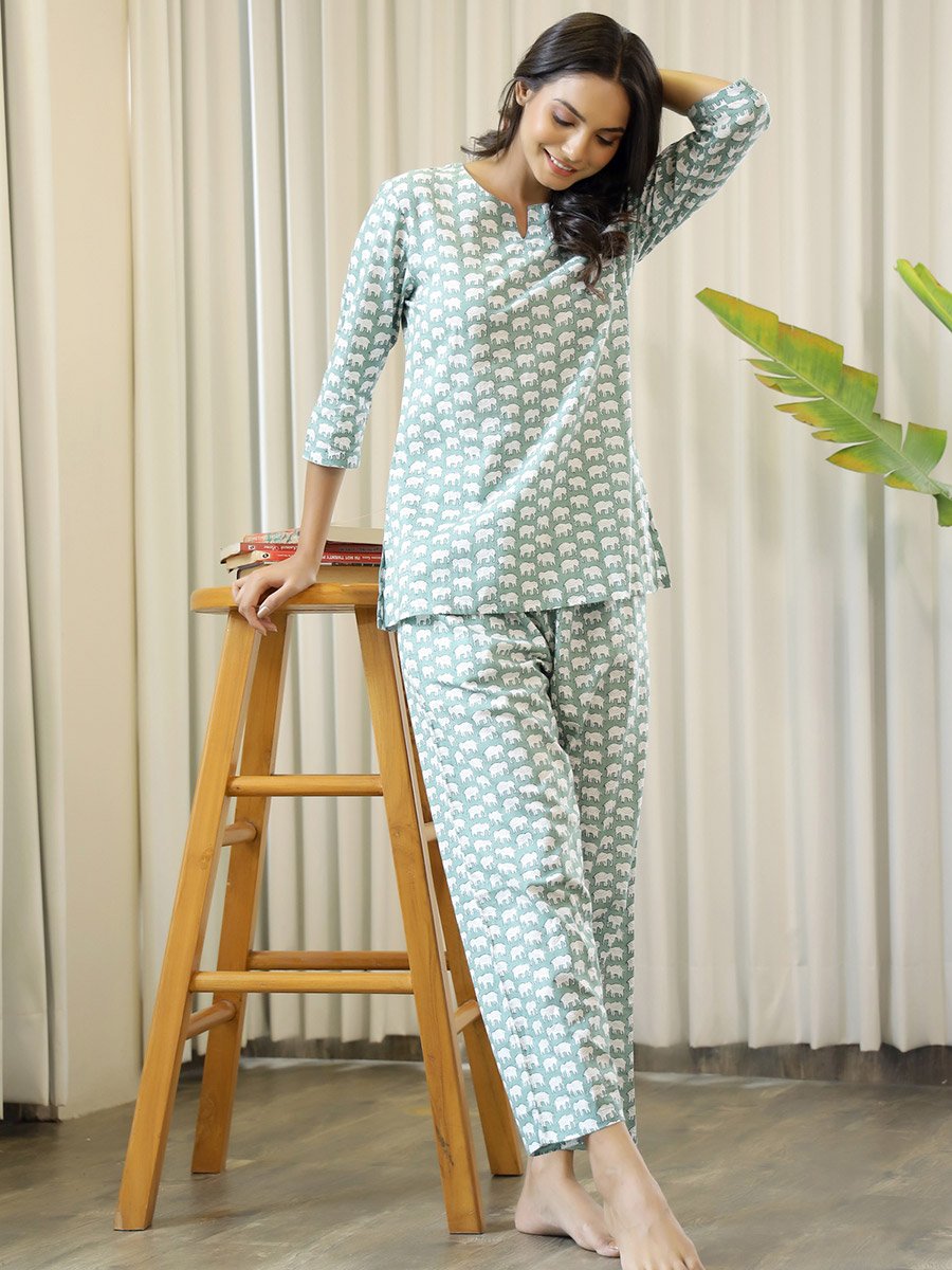 Elephant Print Cotton Shirt and Pyjama Set