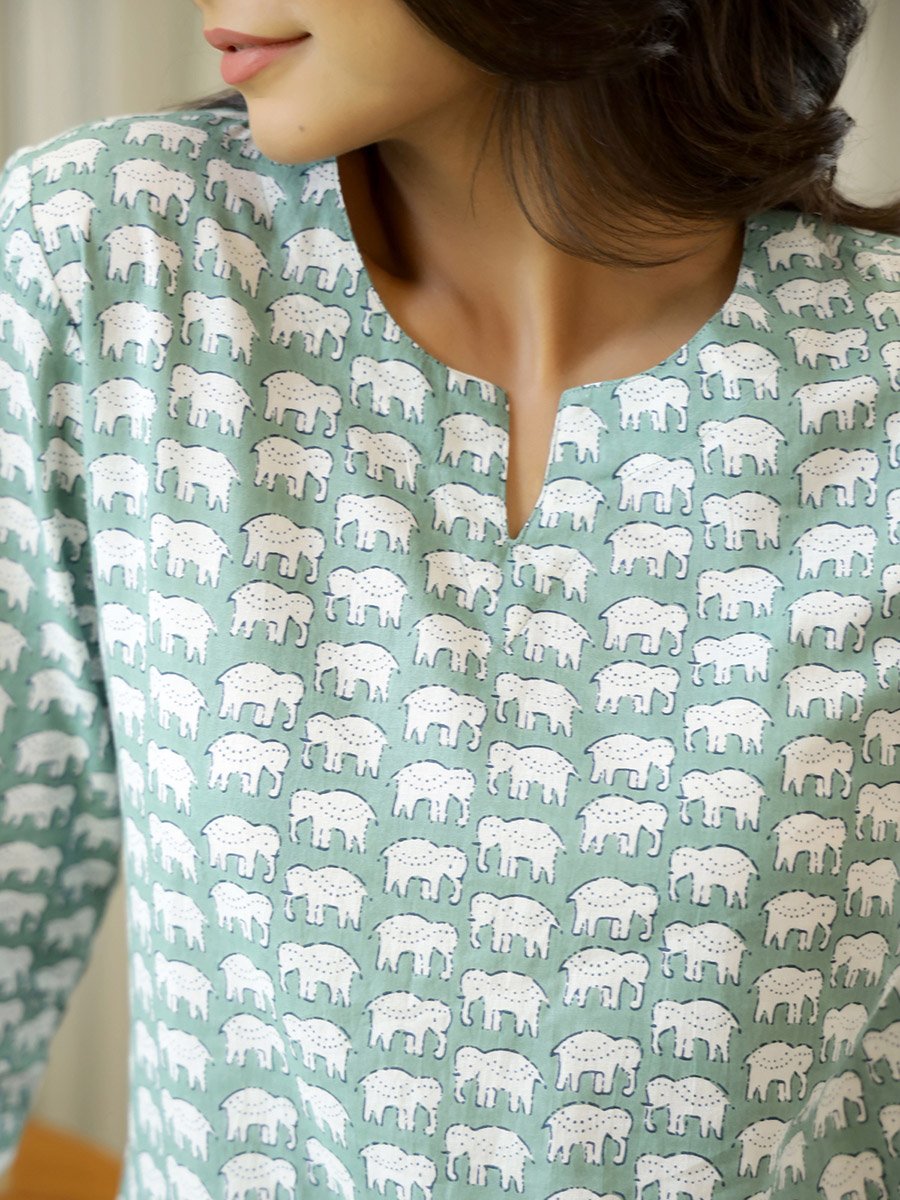 Elephant Print Cotton Shirt and Pyjama Set