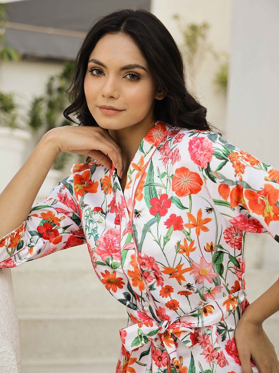 Floral Print Tie Belt Top and Trouser Co-Ords