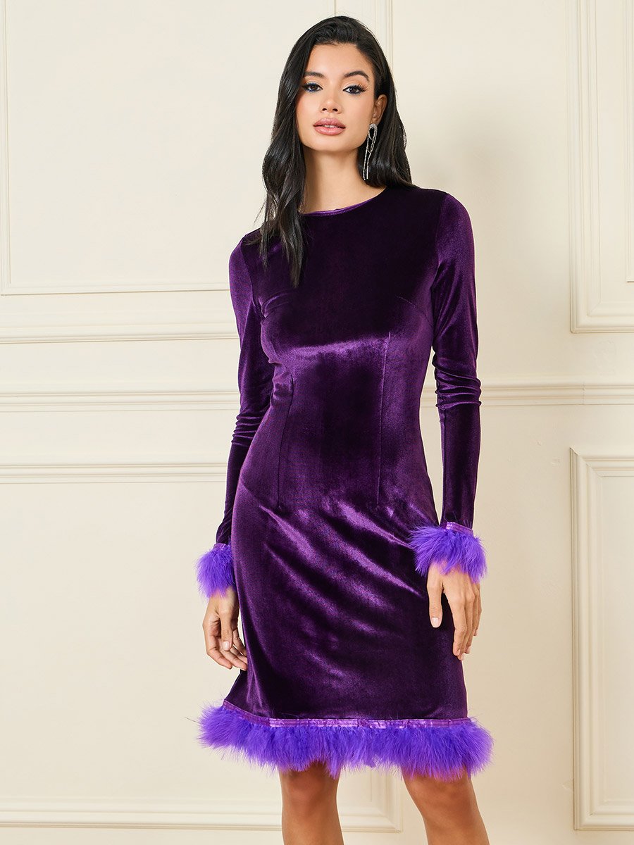 Velvet Faux Fur Trim Shift Knee Length Dress For Women at UAE | Styli