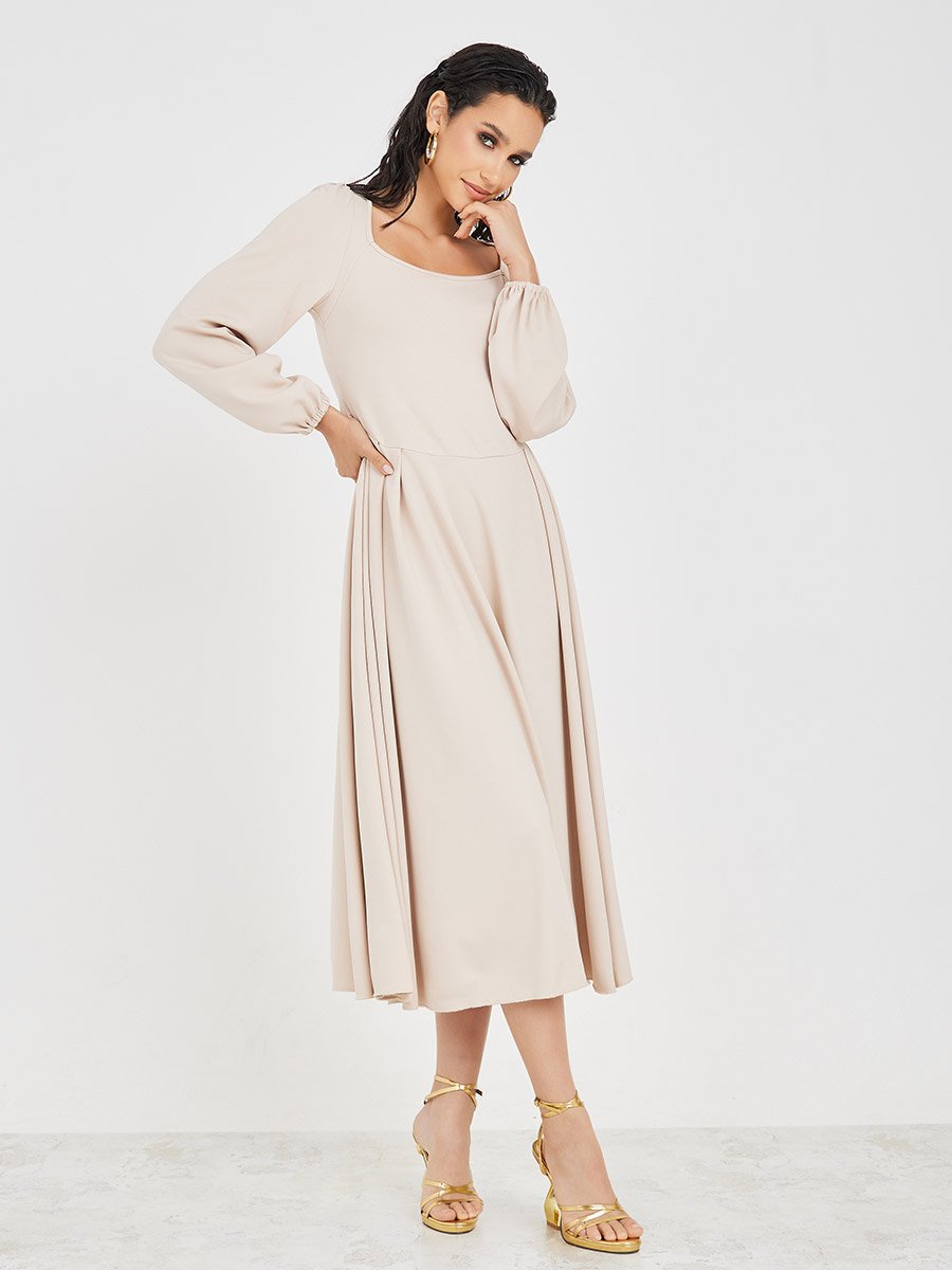 Square Neck A-Line Midi Dress with Pleats