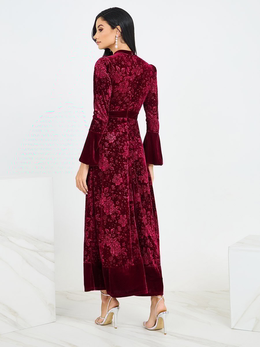 Jacquard Velvet Maxi Dress with Bell Sleeve For Women at UAE | Styli