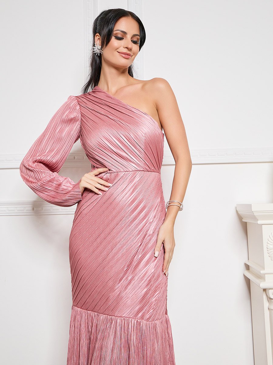 Fitted Plisse One Shoulder Draped Maxi Dress For Women at UAE | Styli