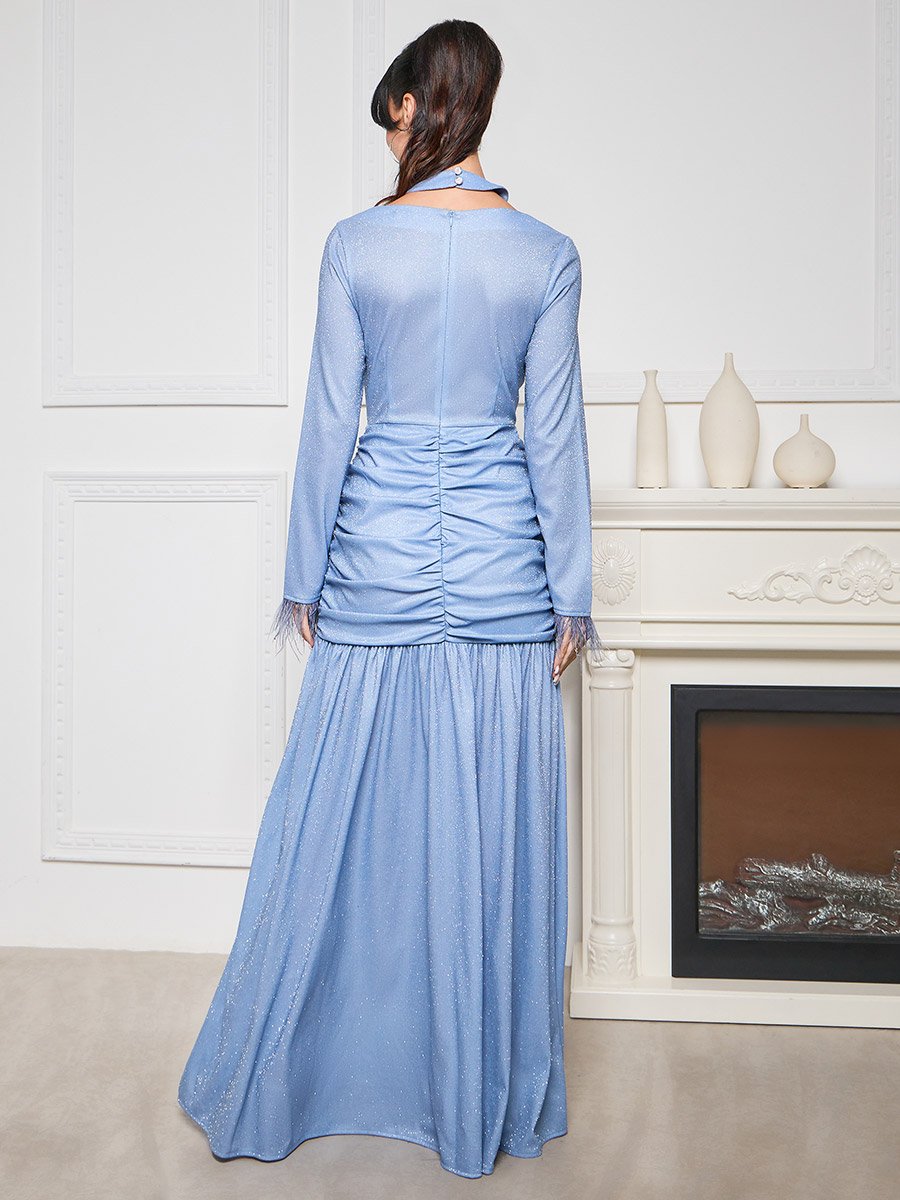 Front Ruched Shimmer Maxi Dress with Faux Feather Trim