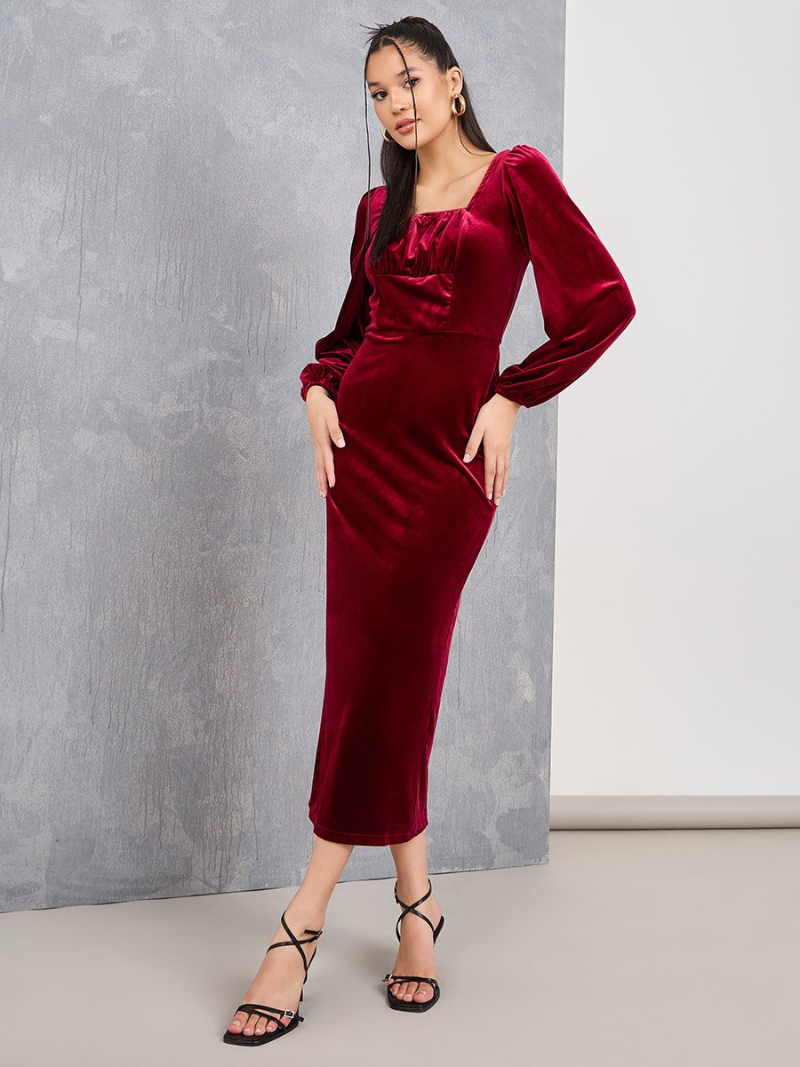 knee length dresses for ladies Square Neck Velvet Midi Cocktail Dress XJ413 main image 0