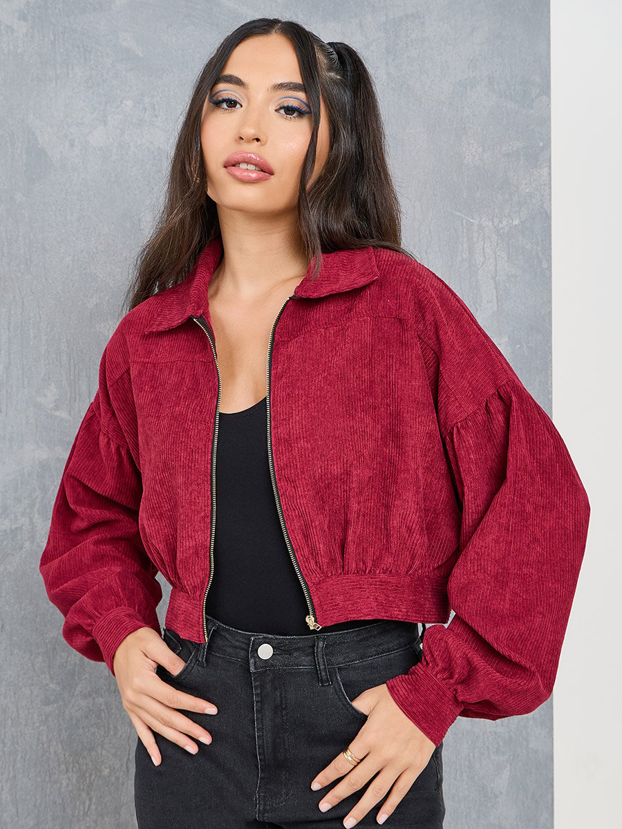 Drop Shoulder Zip Up Corduroy Jacket