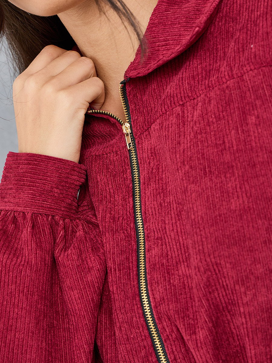 Drop Shoulder Zip Up Corduroy Jacket