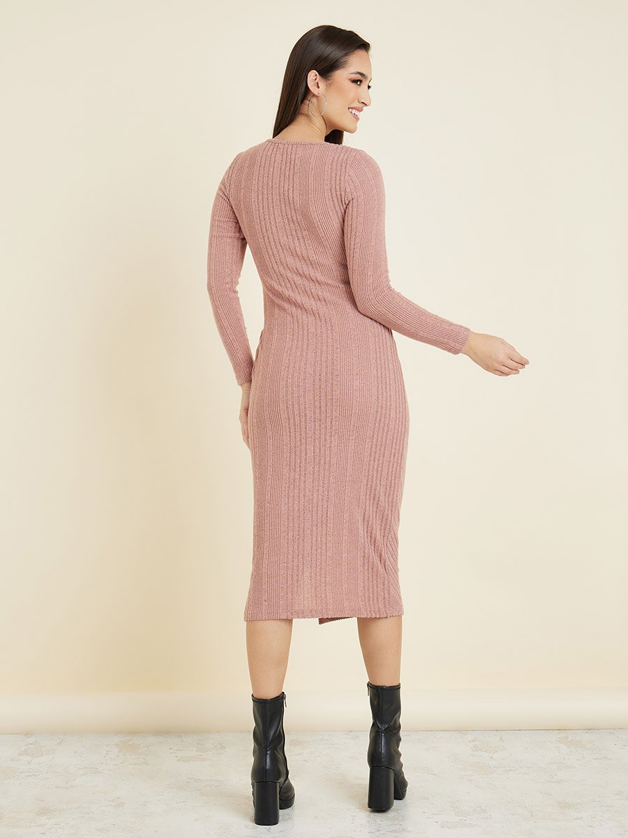 Textured Knit Bodycon Midi Dress with Side Slit For Women at UAE | Styli