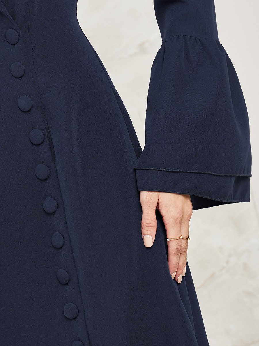 Notch Lapel Blazer Midi Dress with Bell Sleeve
