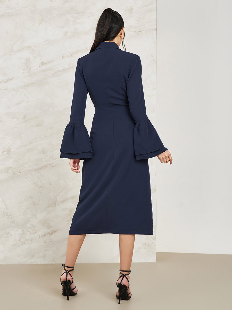 slim fit dress slacks Berylove Women White Peak Lapel Mini Work Dress Bodycon Blazer Dress with Flared Sleeves, Peacock / XL