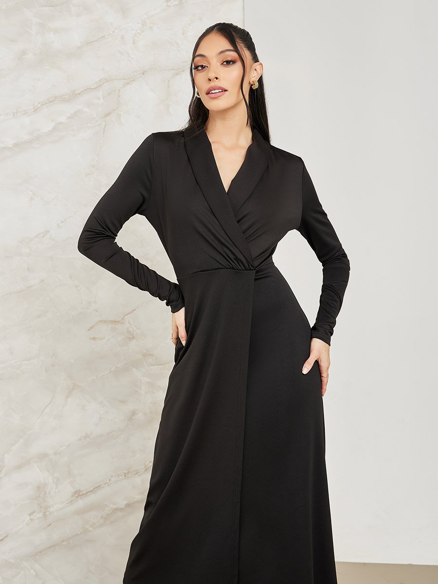Solid Wrap Front A-Line Midi Dress