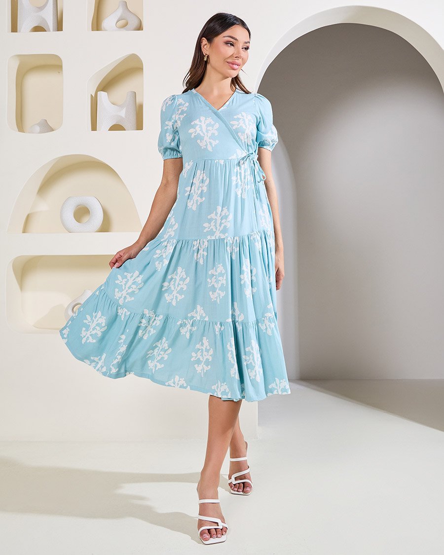 Block Print Tiered Wrap Midi Dress